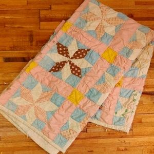 Vintage Pink Hand Sewn Eight Point Star Quilt 62x65" For Restoration